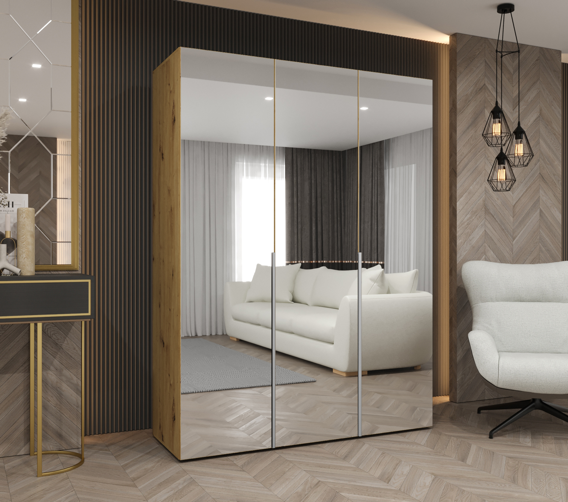 Šatní skříň Abi Alicante 3 Rozměry: 150 cm, Pásky / úchyty: Kašmír, Barva korpusu + barva dveří: Dub artisan + zrcadlo