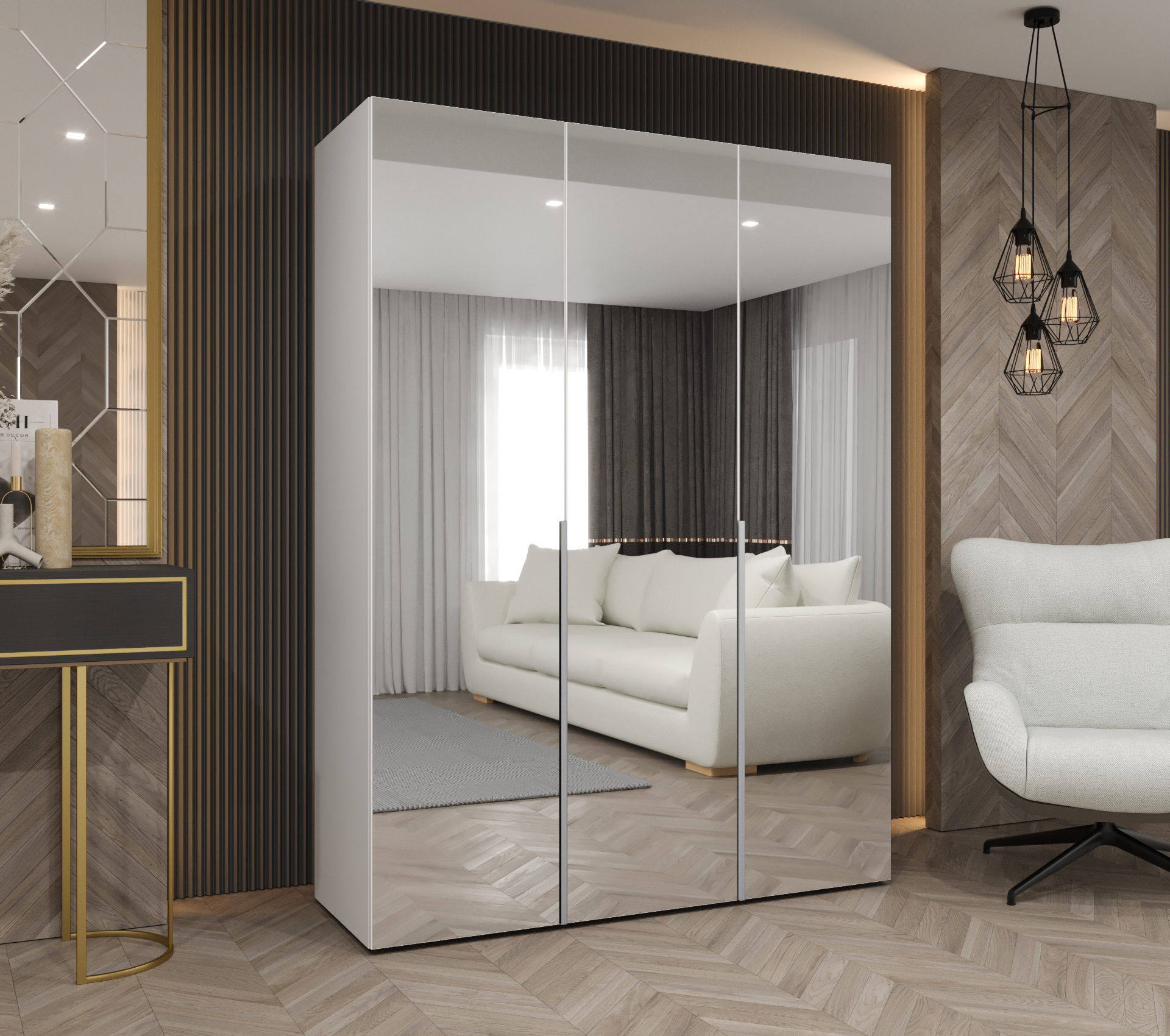 Šatní skříň Abi Alicante 3 Rozměry: 150 cm, Pásky / úchyty: Kašmír, Barva korpusu + barva dveří: Bílá + zrcadlo