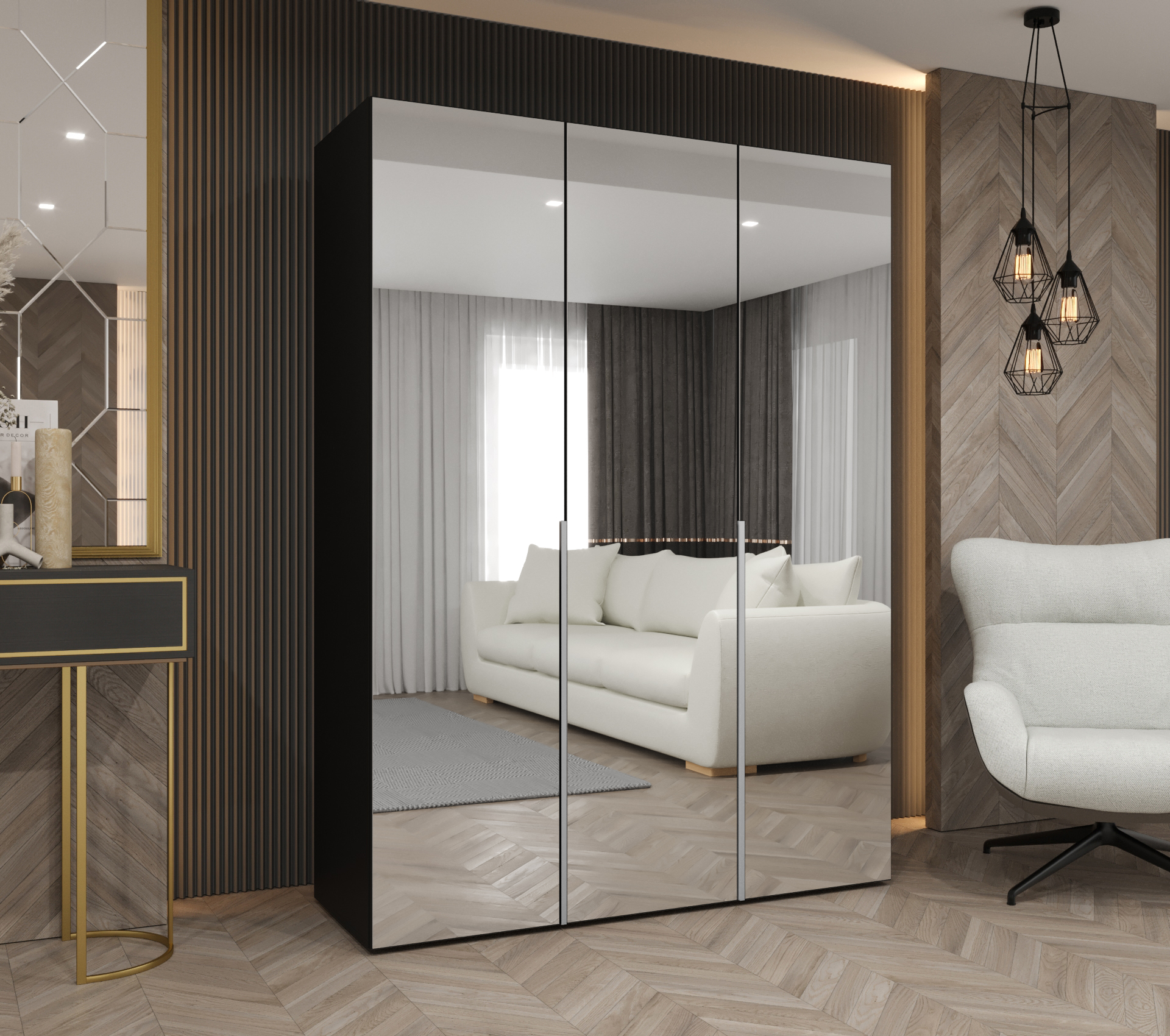 Šatní skříň Abi Alicante 3 Rozměry: 150 cm, Pásky / úchyty: Kašmír, Barva korpusu + barva dveří: Černá + zrcadlo