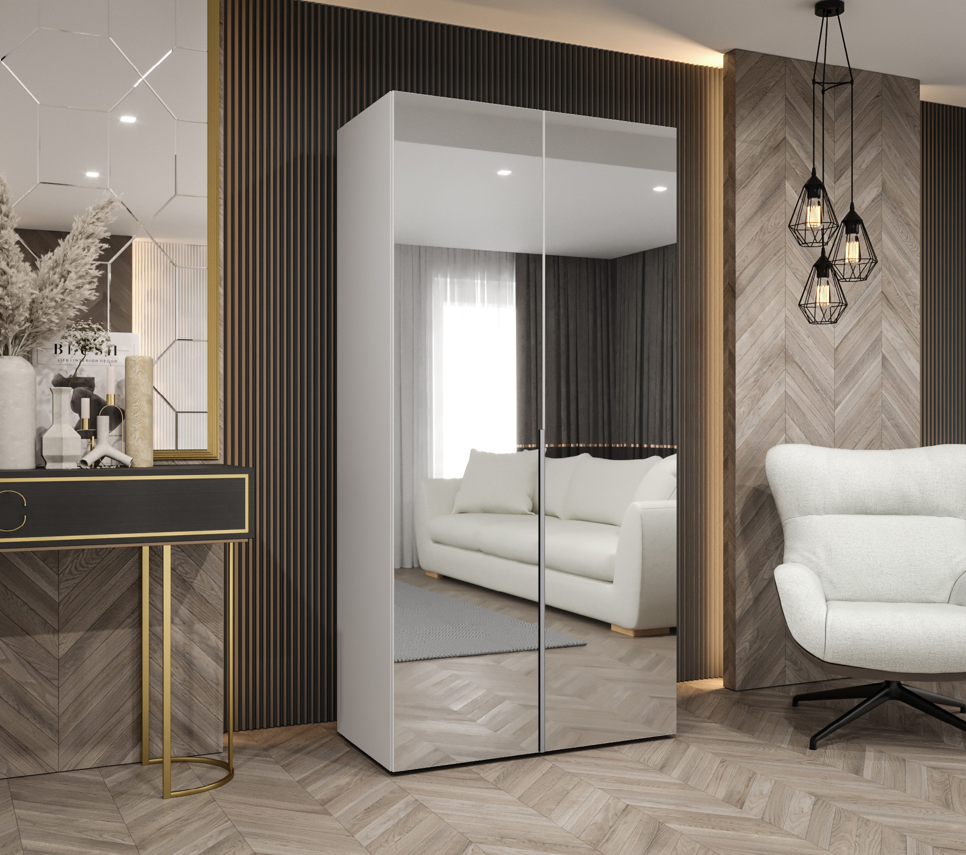 Šatní skříň Abi Alicante 3 Rozměry: 100 cm, Pásky / úchyty: Kašmír, Barva korpusu + barva dveří: Bílá + zrcadlo