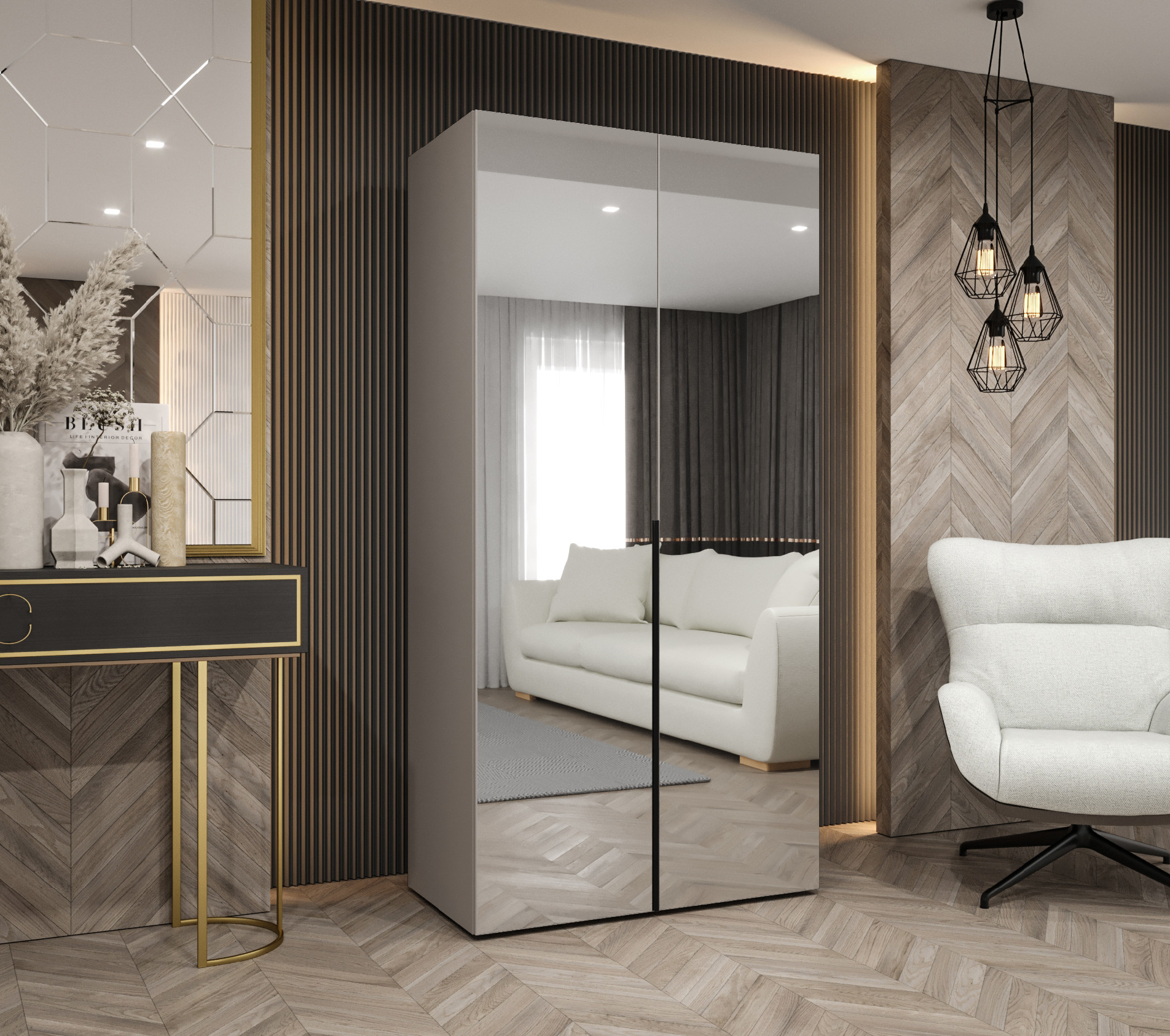 Šatní skříň Abi Alicante 3 Rozměry: 100 cm, Pásky / úchyty: Černá, Barva korpusu + barva dveří: Kašmír + zrcadlo