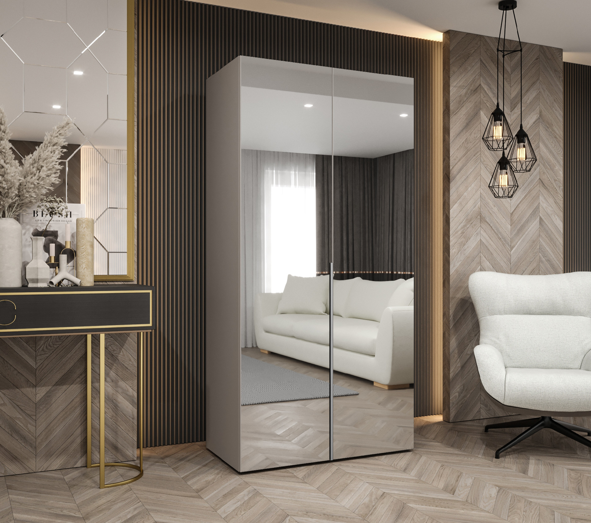 Šatní skříň Abi Alicante 3 Rozměry: 100 cm, Pásky / úchyty: Kašmír, Barva korpusu + barva dveří: Kašmír + zrcadlo