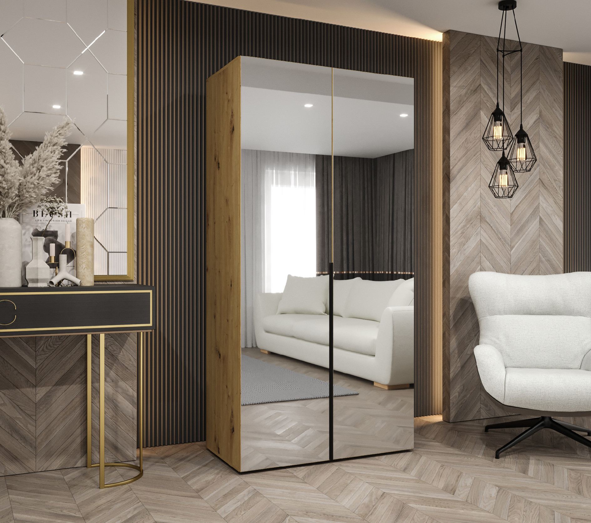 Šatní skříň Abi Alicante 3 Rozměry: 100 cm, Pásky / úchyty: Černá, Barva korpusu + barva dveří: Dub artisan + zrcadlo