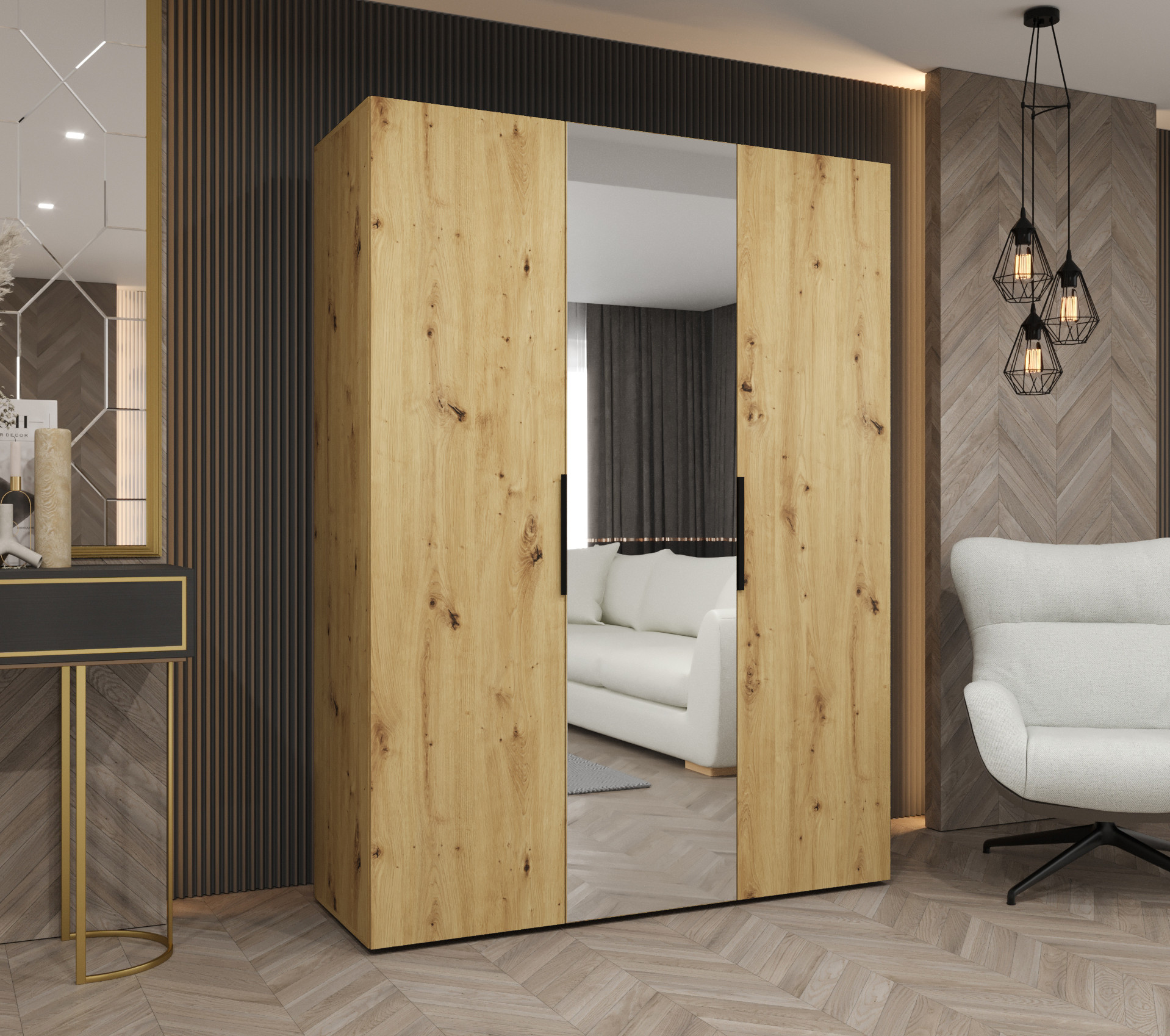 Šatní skříň Abi Marbella 2 Rozměry: 150 cm, Pásky / úchyty: Černá, Barva korpusu + barva dveří: Dub artisan + Dub artisan