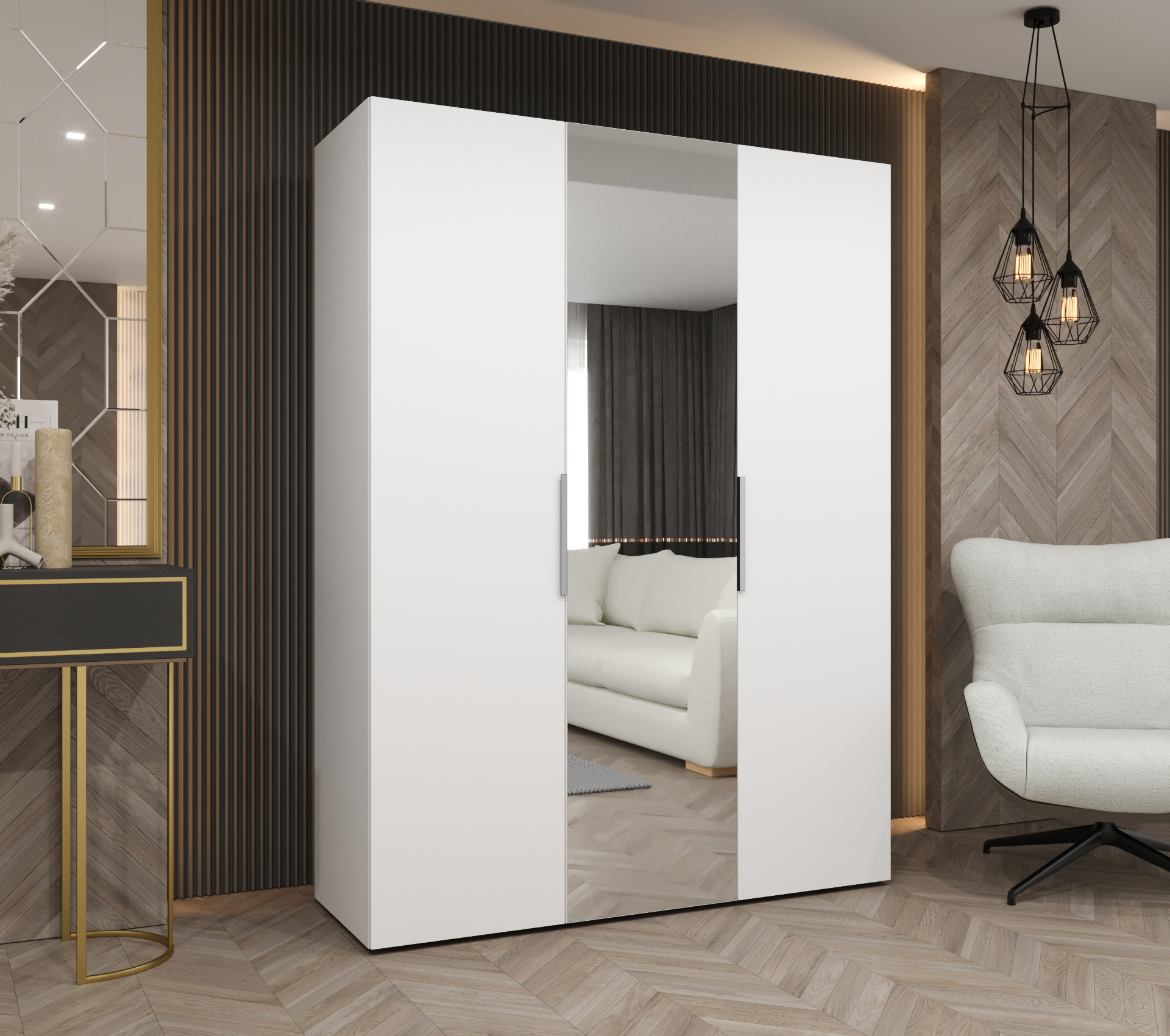 Šatní skříň Abi Marbella 2 Rozměry: 150 cm, Pásky / úchyty: Kašmír, Barva korpusu + barva dveří: Bílá + Bílá