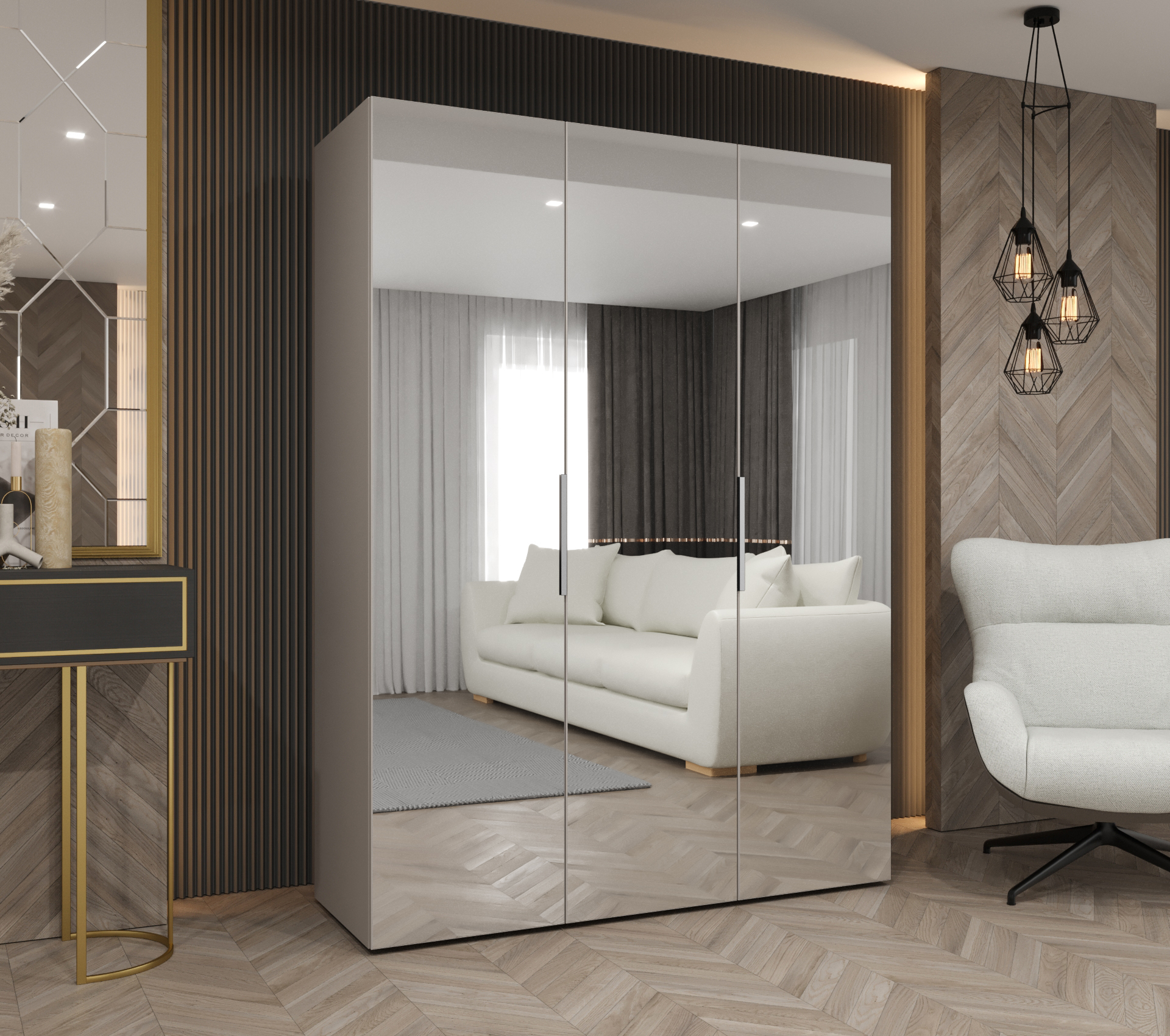 Šatní skříň Abi Marbella 3 Rozměry: 150 cm, Pásky / úchyty: Kašmír, Barva korpusu + barva dveří: Kašmír + zrcadlo