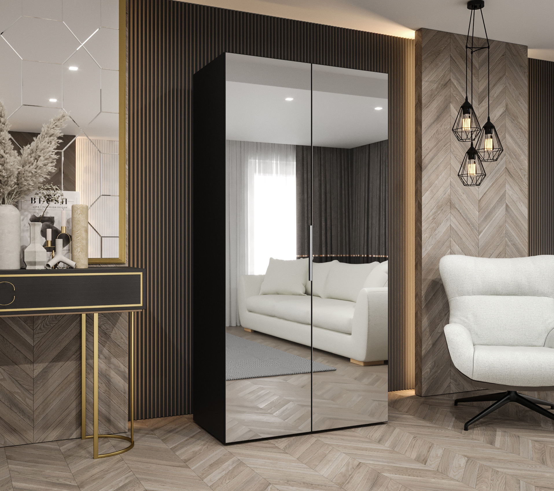 Šatní skříň Abi Marbella 3 Rozměry: 100 cm, Pásky / úchyty: Kašmír, Barva korpusu + barva dveří: Černá + zrcadlo