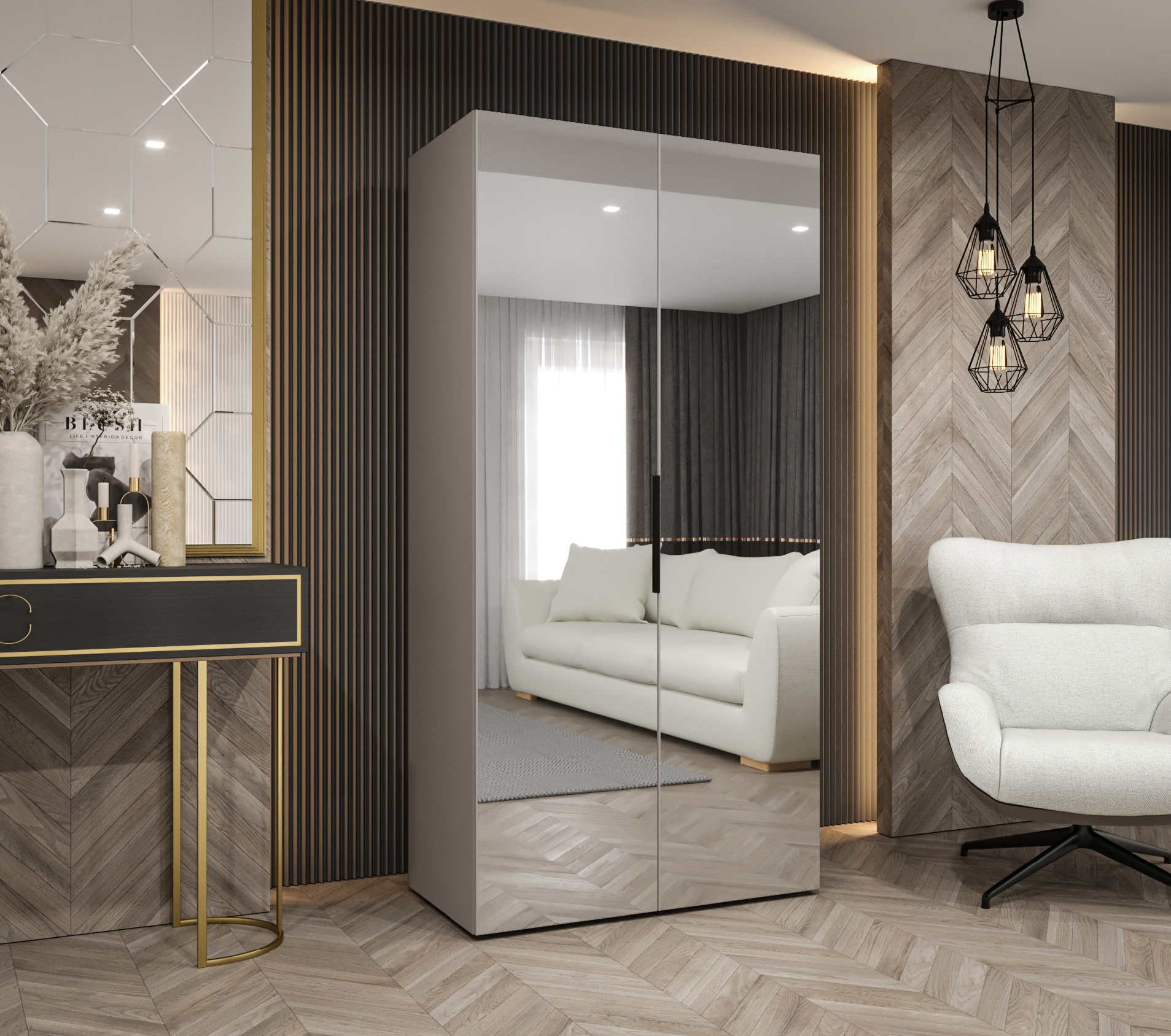 Šatní skříň Abi Marbella 3 Rozměry: 100 cm, Pásky / úchyty: Černá, Barva korpusu + barva dveří: Kašmír + zrcadlo