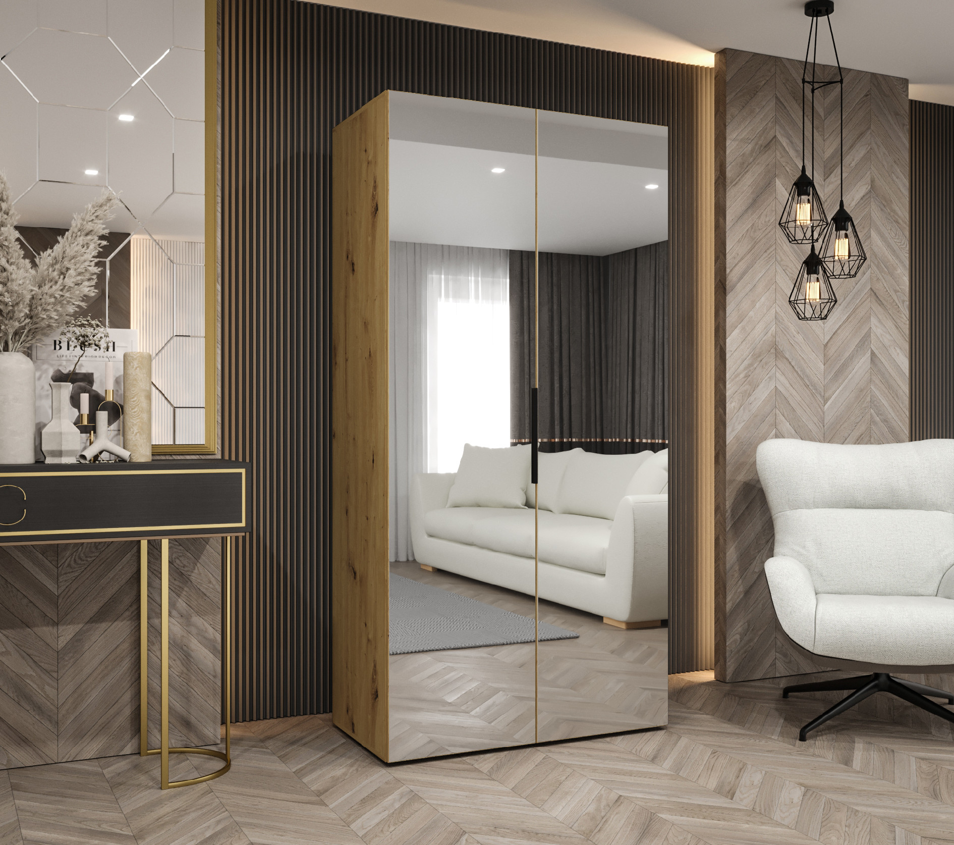 Šatní skříň Abi Marbella 3 Rozměry: 100 cm, Pásky / úchyty: Černá, Barva korpusu + barva dveří: Dub artisan + zrcadlo