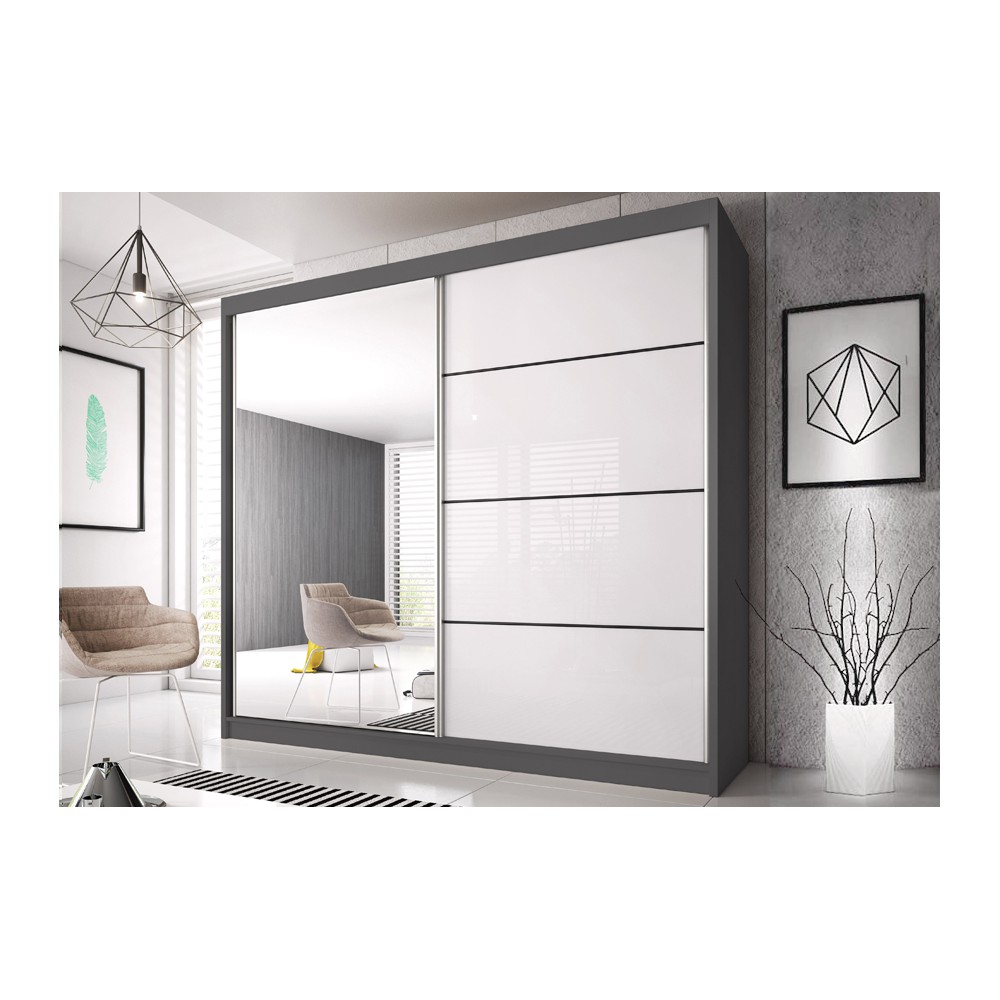 Šatní skříň Multi 35 Barva korpusu: Grafitová, Rozměry: 233 cm, Dveře: Bílý lesk + zrcadlo - Grafito