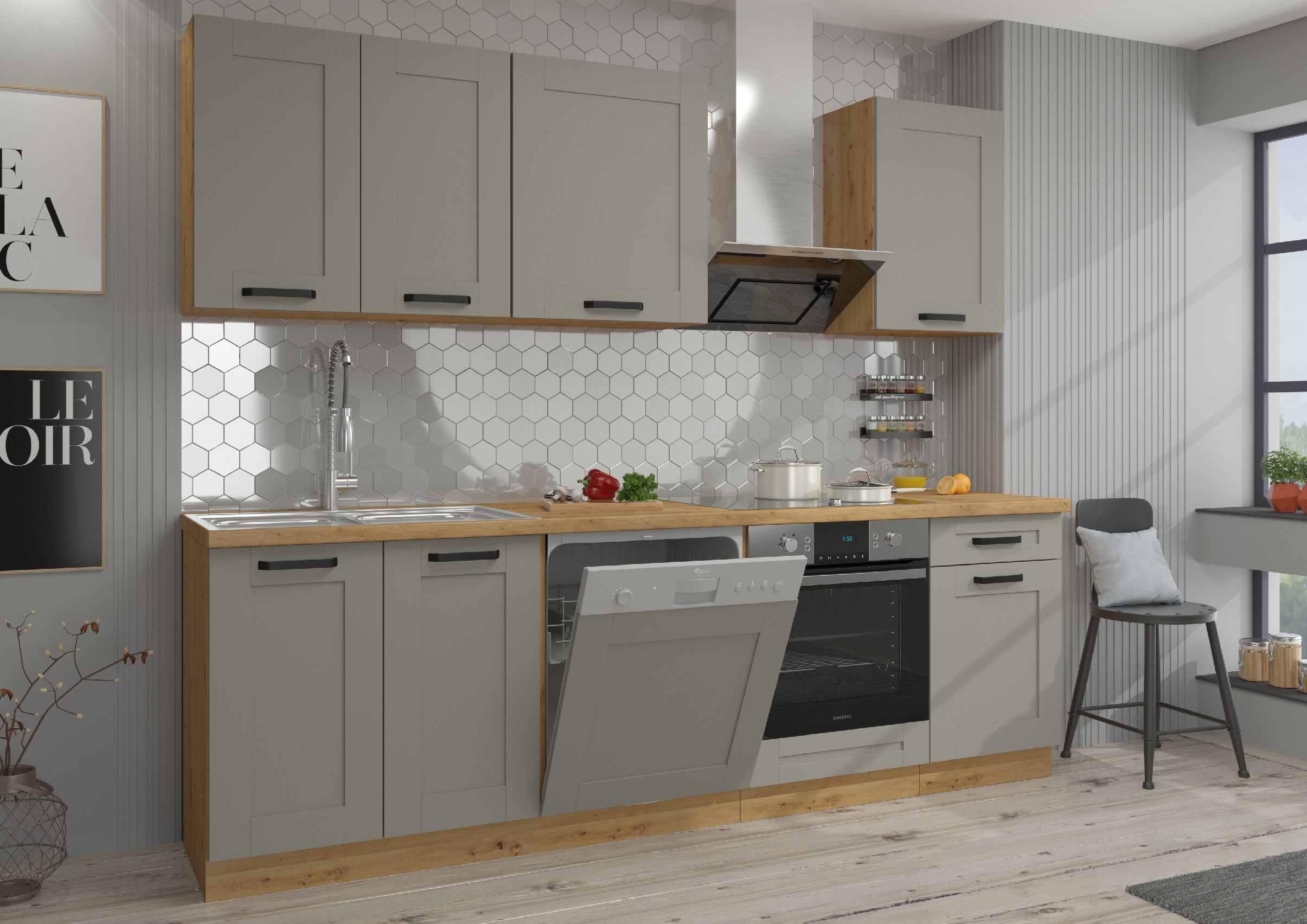 Kuchyňská linka 250 cm Luna 2 - Dub artisan + Clay grey