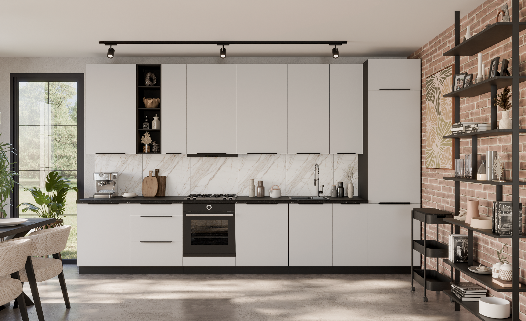 Kuchyňská linka 390 cm Aria 2 - Černá + WH Crystal white AFM