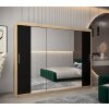 šatní skříň T2 s posuvnými dveřmi se zrcadlem - šířka 250 cm dub sonoma + černá