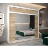 šatní skříň T2 s nástavcem s posuvnými dveřmi se zrcadlem - šířka 250 cm dub sonoma + bílá