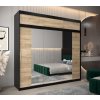 šatní skříň T2 s nástavcem s posuvnými dveřmi se zrcadlem - šířka 250 cm dub sonoma + černá
