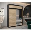 šatní skříň T2 s nástavcem s posuvnými dveřmi se zrcadlem - šířka 180 cm dub sonoma + černá
