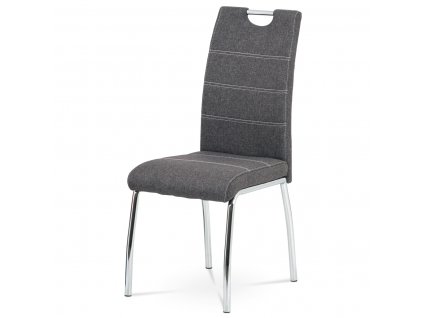 Jídelní židle, potah šedá látka, bílé prošití, kovová čtyřnohá chromovaná podnož
