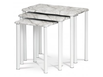 Přístavné a odkládací stolky, set 3 ks, deska MDF, dekor šedobílý mramor, kovové nohy, bílý matný lak