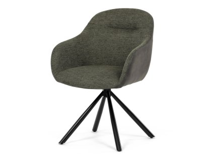 Židle jídelní, zelená látka a tmavě šedá látka v dekoru vintage kůže, černý kov, otočná P90°+ L90° s vratným mechanismem