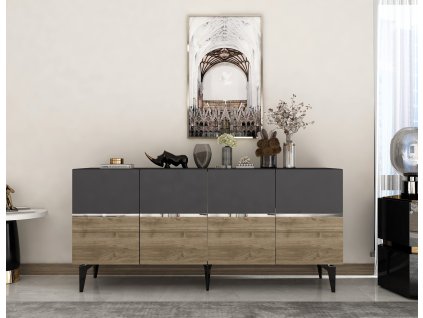 GAKONA komoda na nožičkách, antracit / ořech / stříbrná