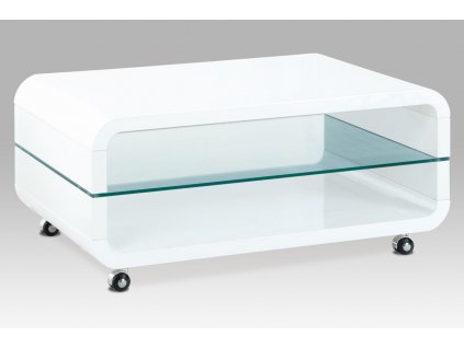 Konferenční stolek 90x60x40, bílý vysoký lesk, sklo, kolečka, AHG-611 WT