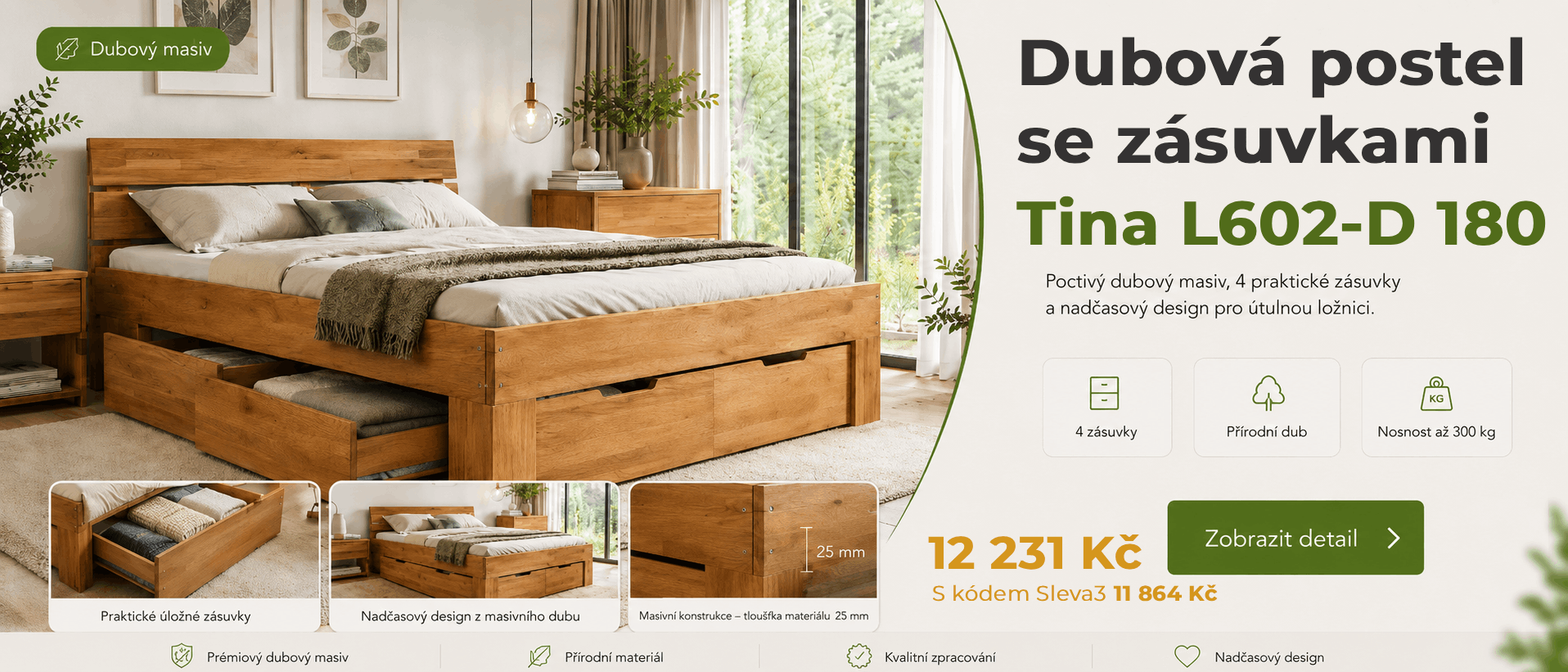 Dubová postel se zásuvkami TINA L602-D 180