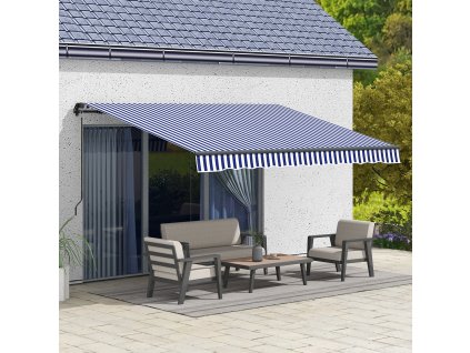 Stahovací markýza ruční s nastavitelným sklonem hliníková 350 x 300 cm modrobílá