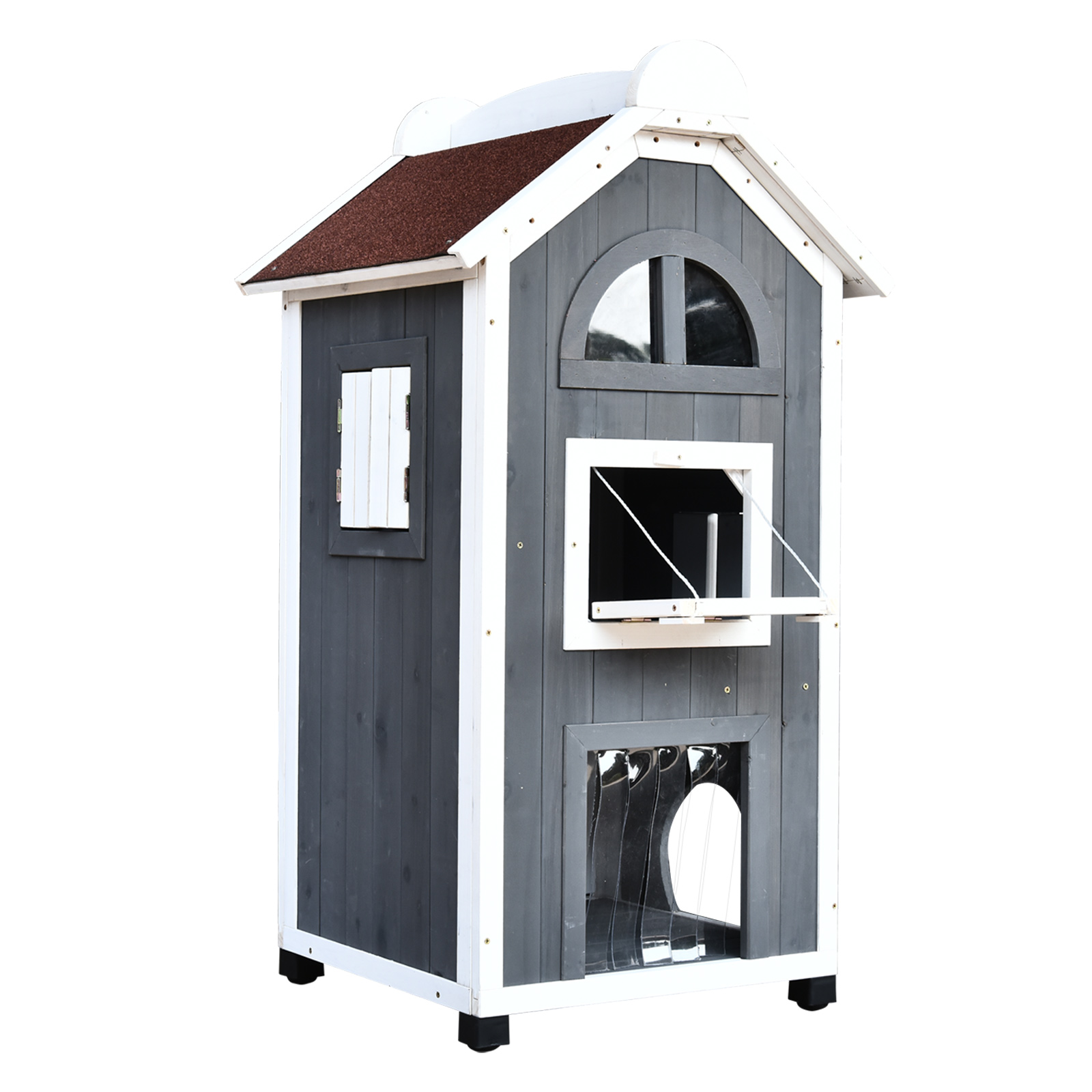 PAWHUT Vonkajší drevený domček pre mačky 59 x 55 x 109 cm sivý