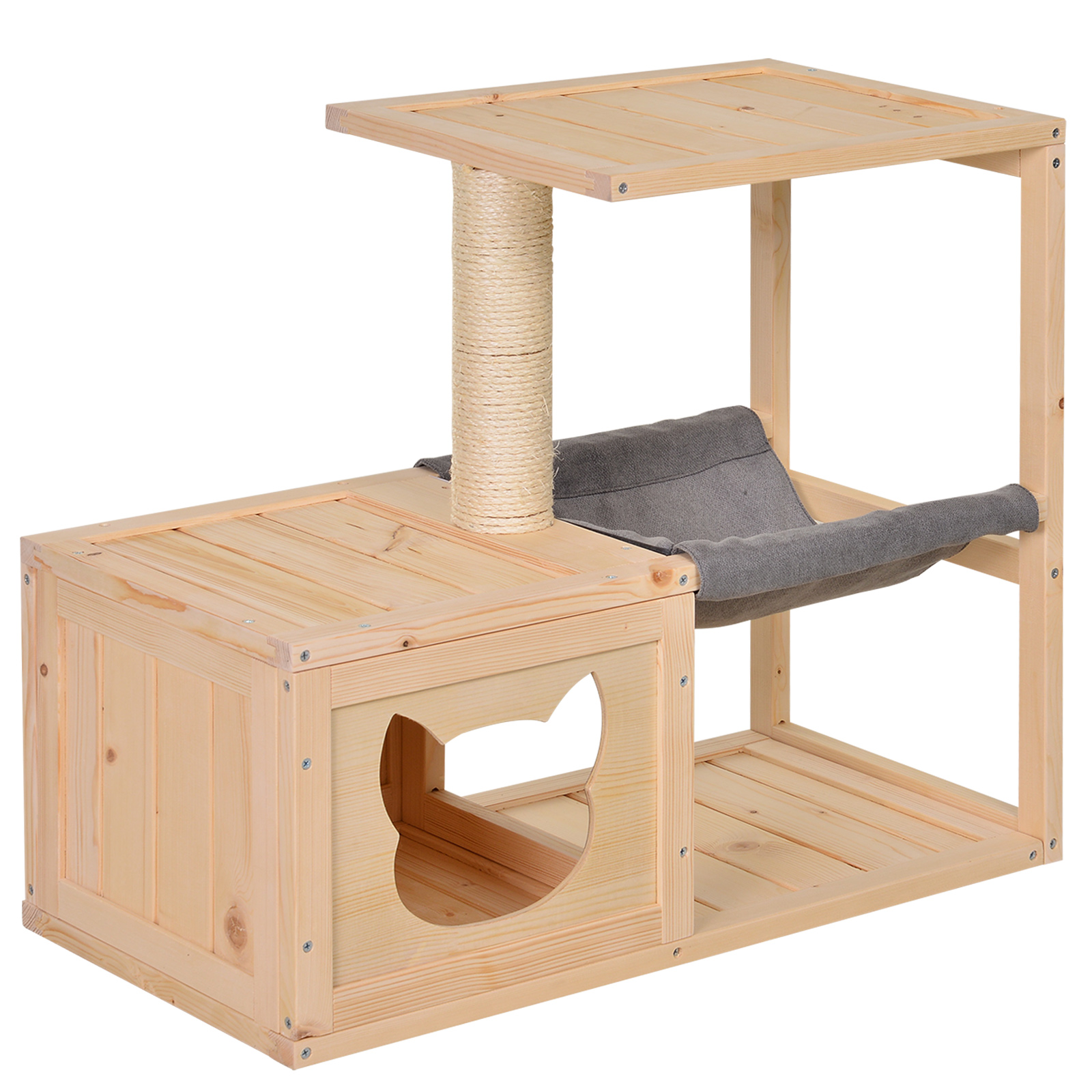 PAWHUT Vnútorný domček pre mačky s prístreškom a hojdacou sieťou drevený 70 x 35 x 60 cm prírodný
