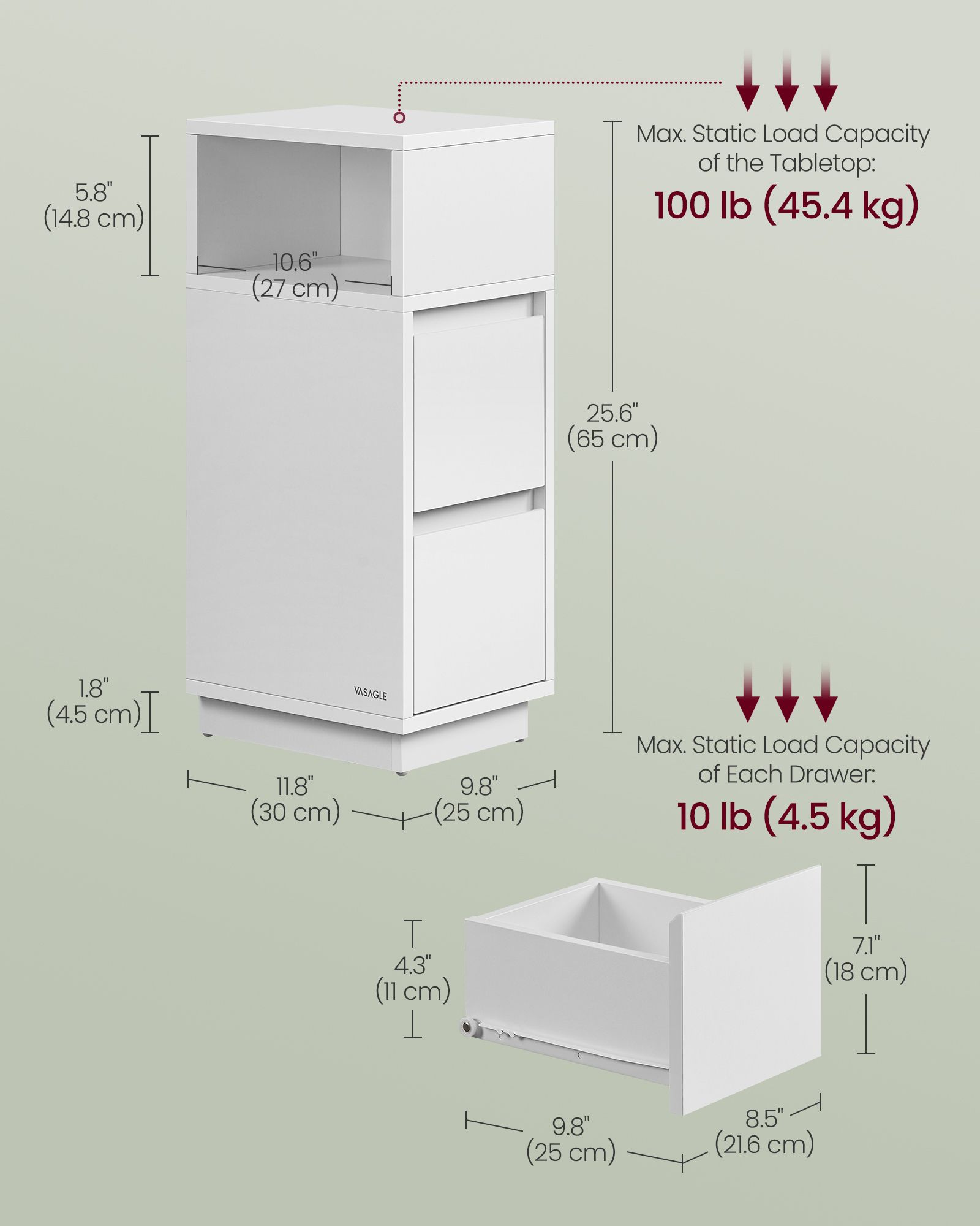 VASAGLE Nočný stolík s priehradkou a zásuvkami 25 x 65 x 30 cm biely