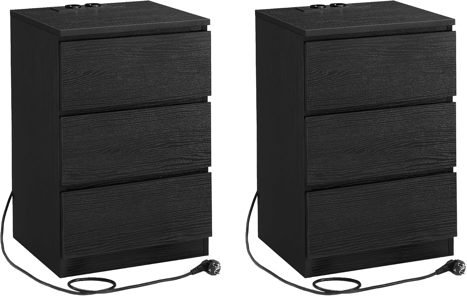 VASAGLE Sada 2 nočných stolíkov s 3 zásuvkami, elektrickou a USB zásuvkou, čierna
