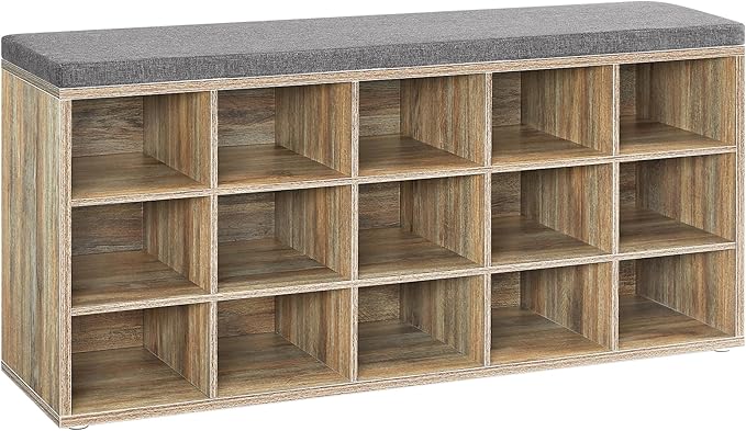 VASAGLE Skriňa na topánky s lavicou, 15 priehradiek, 105 x 48 x 30 cm, dubovo sivá