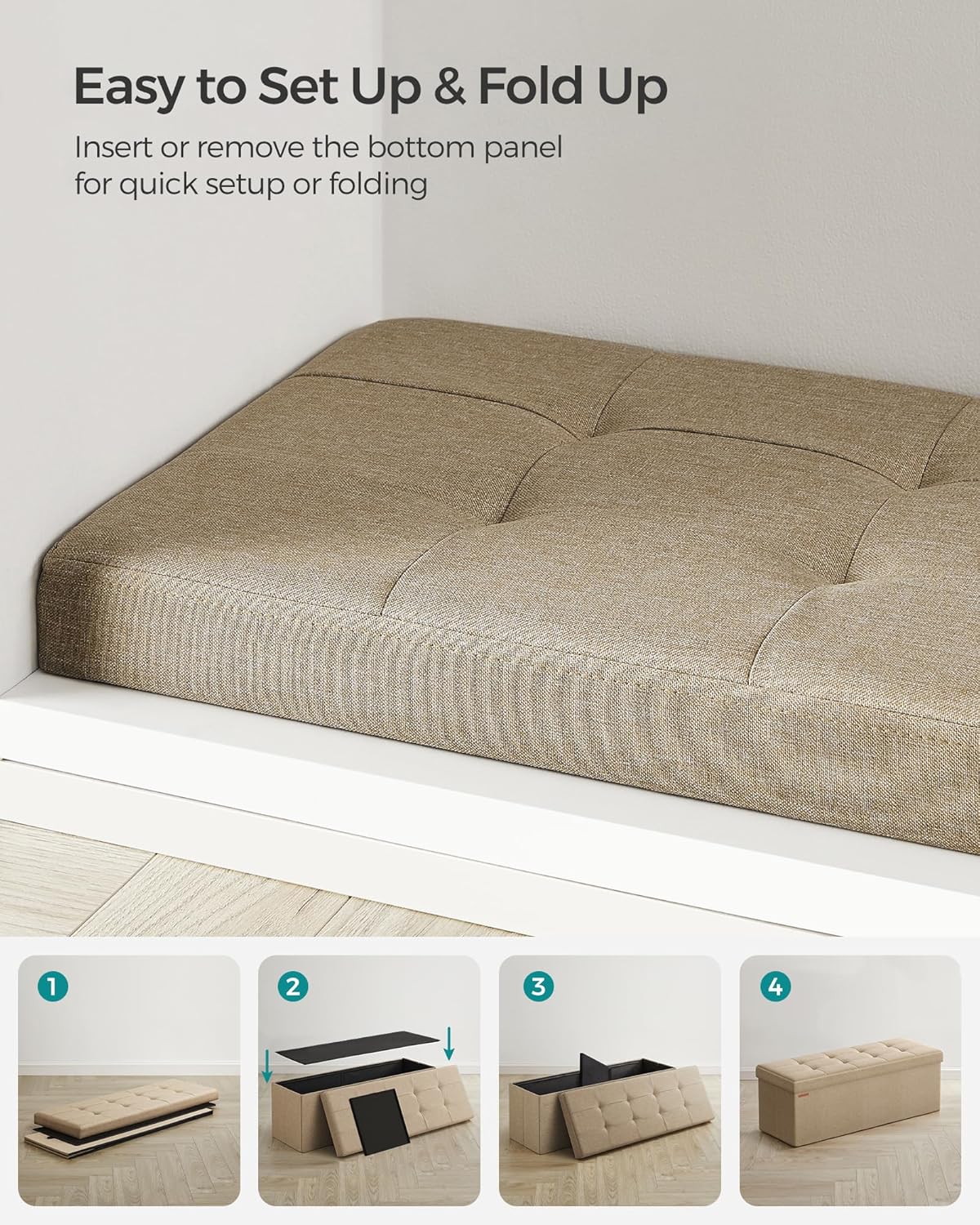 SONGMICS Stolička s úložným priestorom, 110 x 38 x 38 cm, béžová
