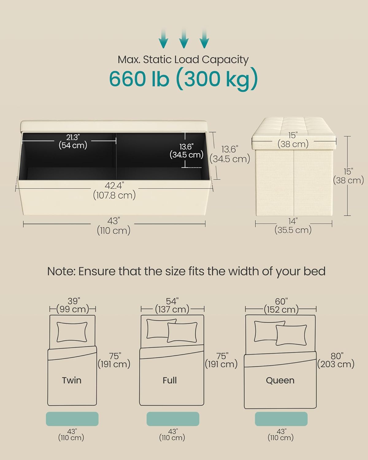 SONGMICS Stolička s úložným priestorom 110 x 38 x 38 cm béžová