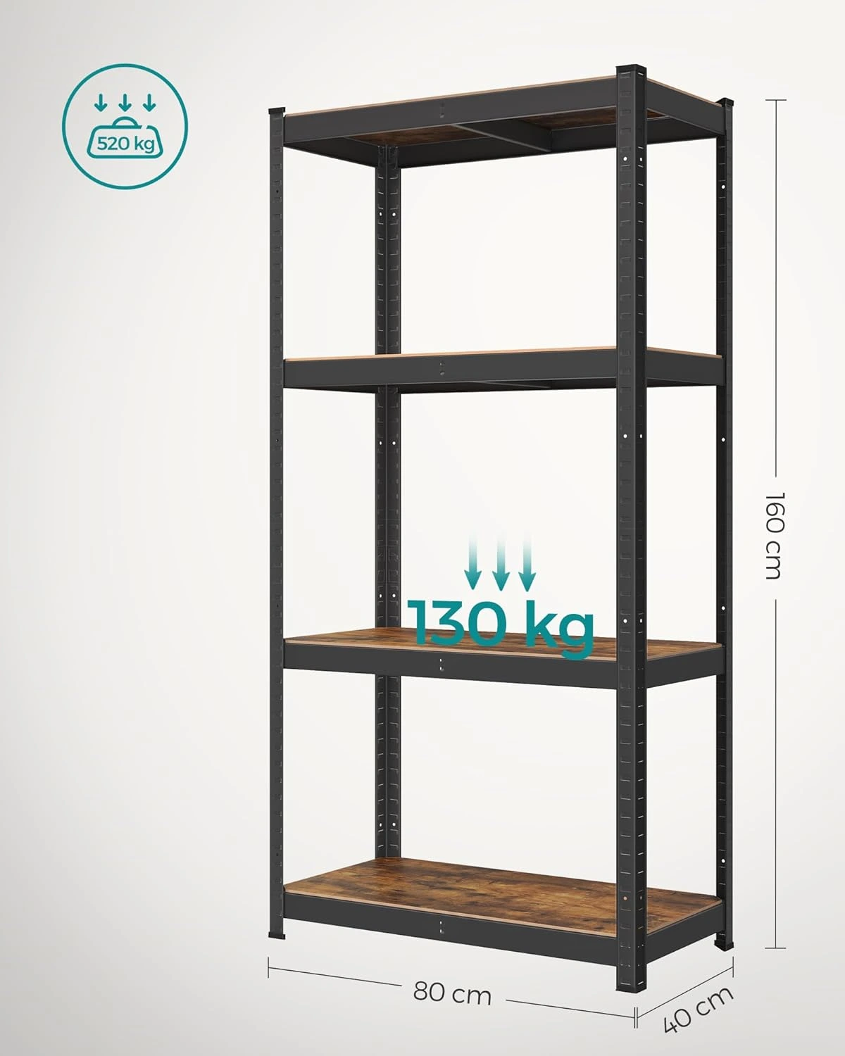 SONGMICS Oceľový regál s nosnosťou až 520 kg 80 x 160 x 40 cm hnedá čierna