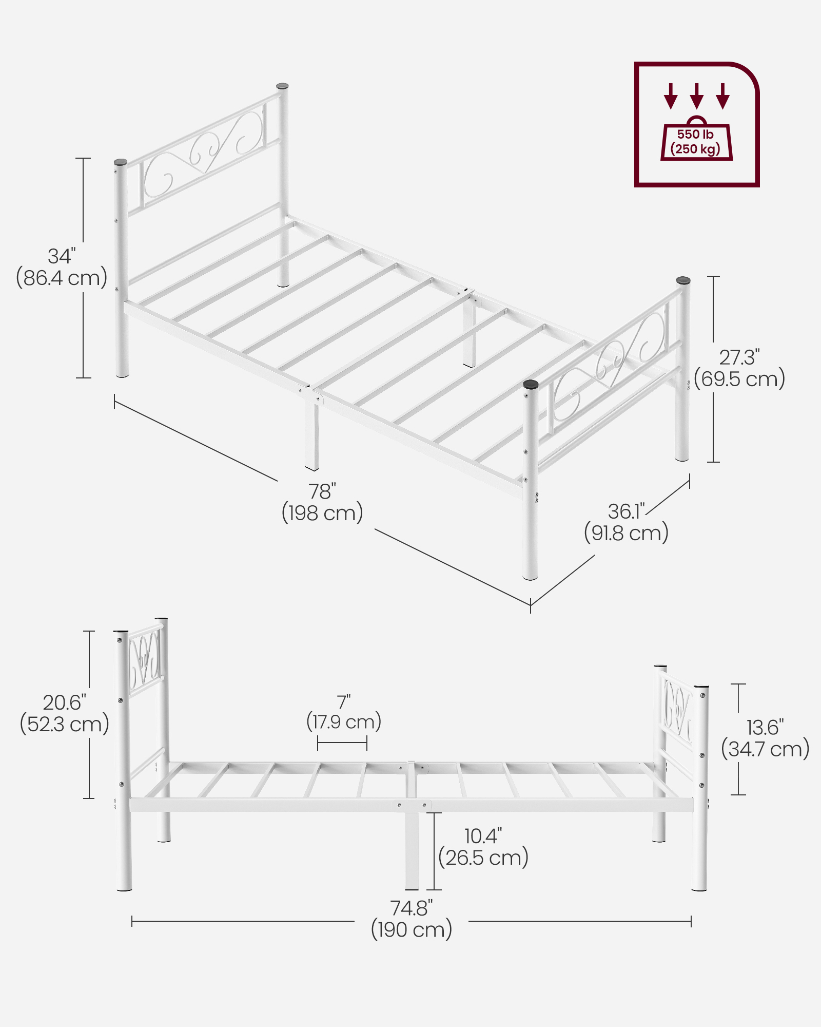 VASAGLE Kovový rám postele LOFT 90 x 190 cm, biela