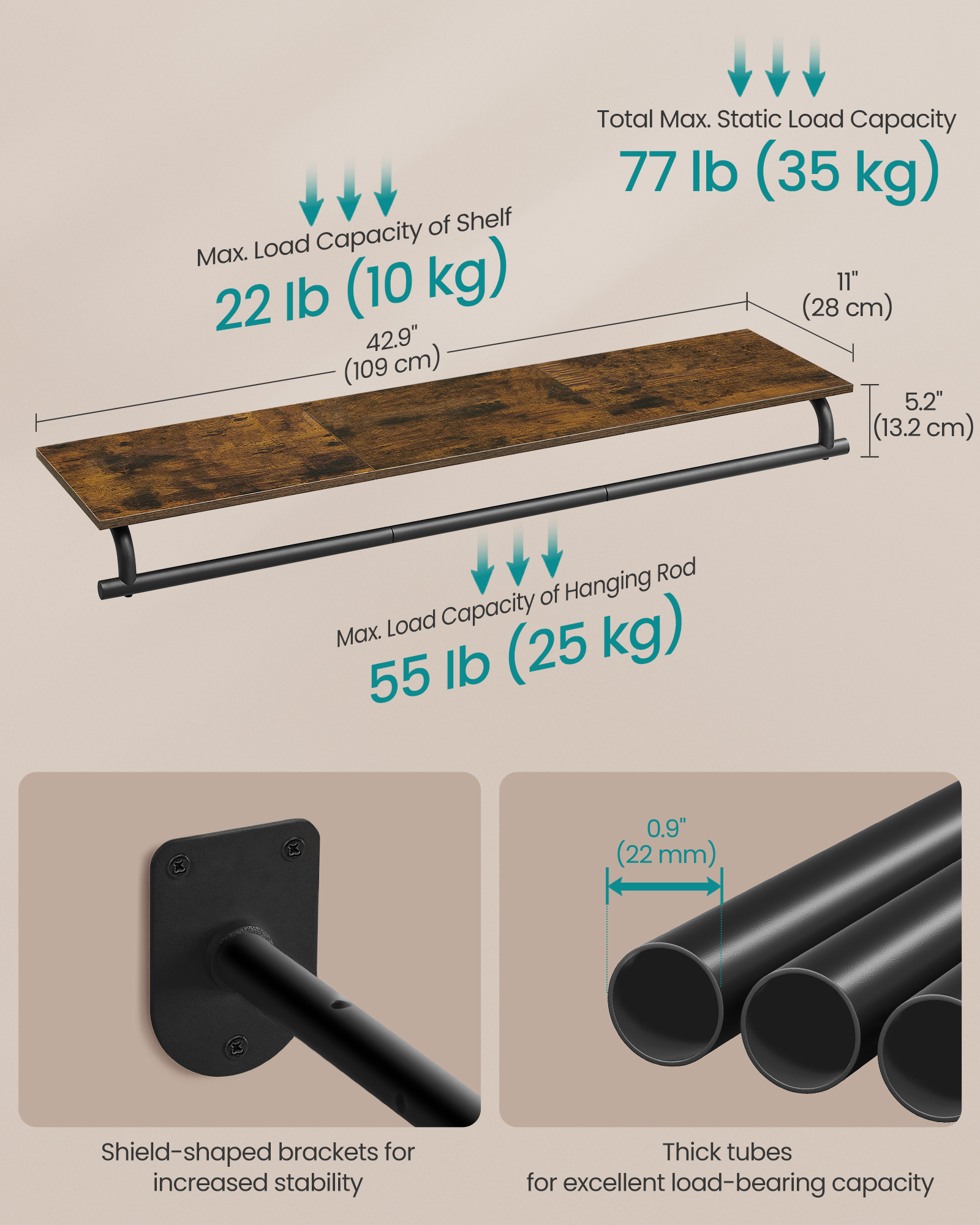 SONGMICS Nástenná polica s konzolou na ramienka, 109 x 28 x 13,2 cm, hnedá