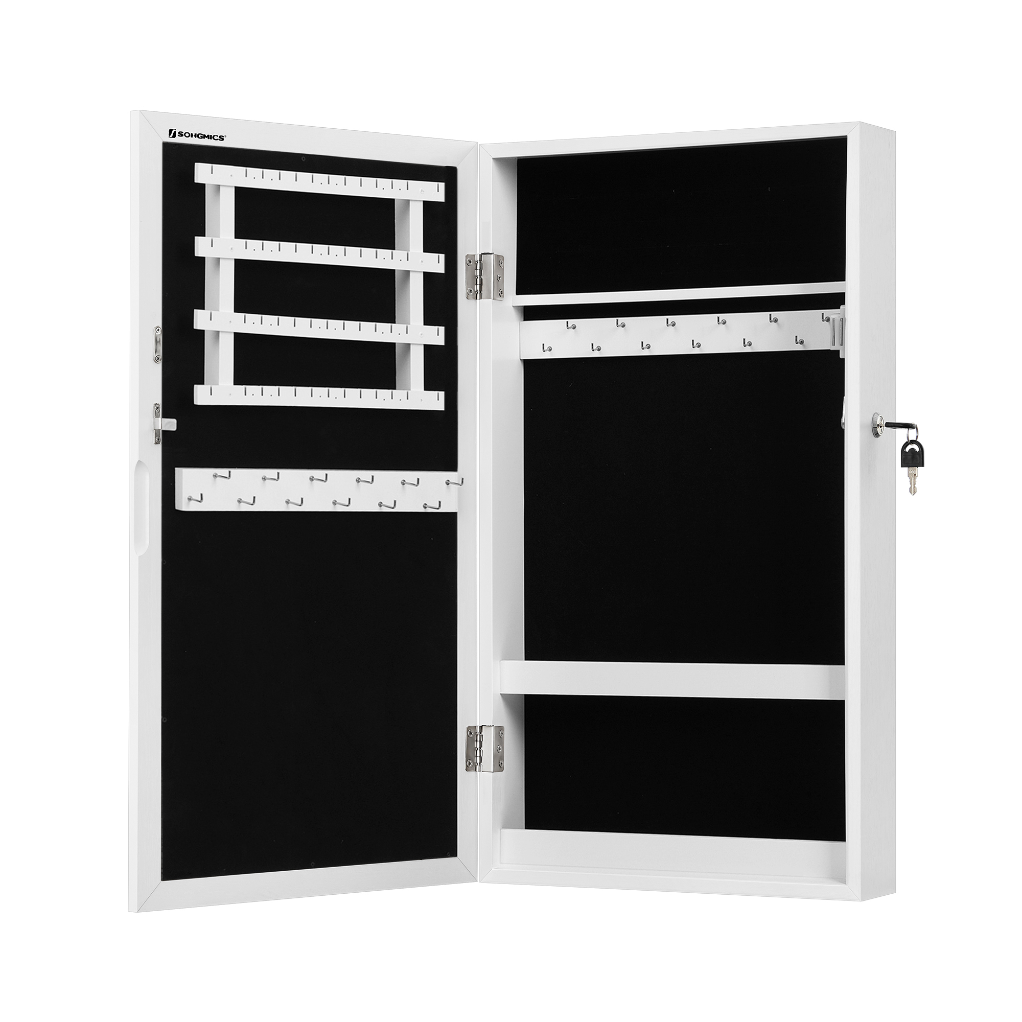 SONGMICS Zamykatelná skrinka na šperky so zrkadlom 55 x 67 x 10 cm biela