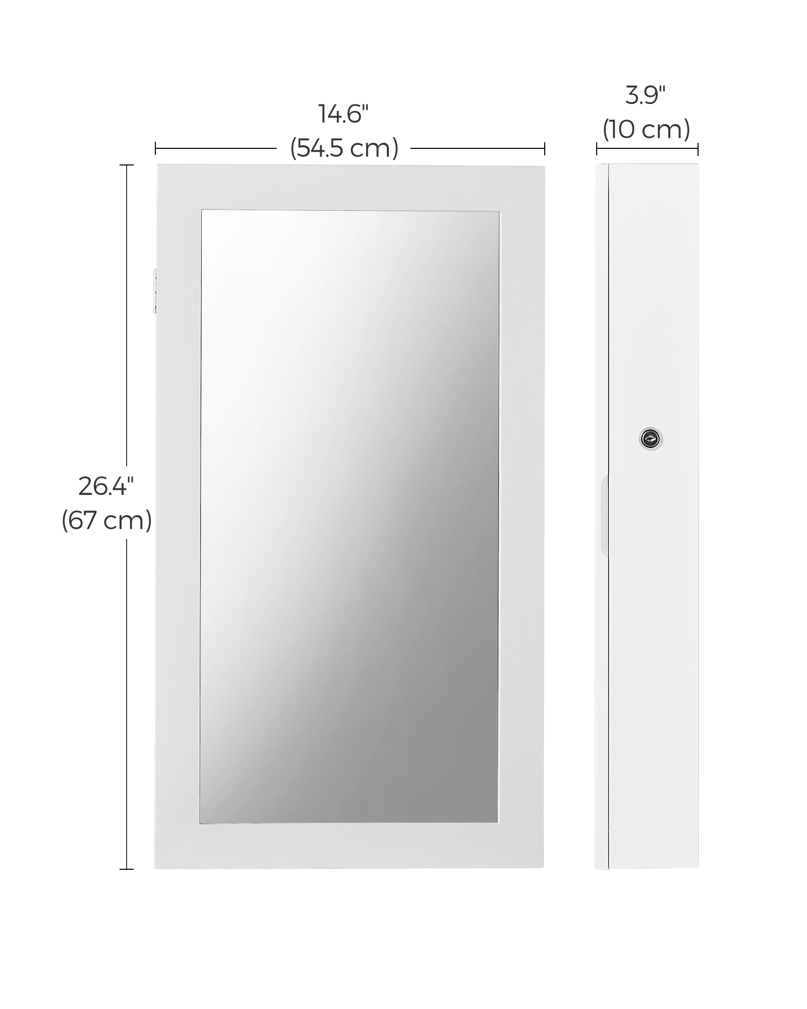 SONGMICS Zamykatelná skrinka na šperky so zrkadlom 55 x 67 x 10 cm biela