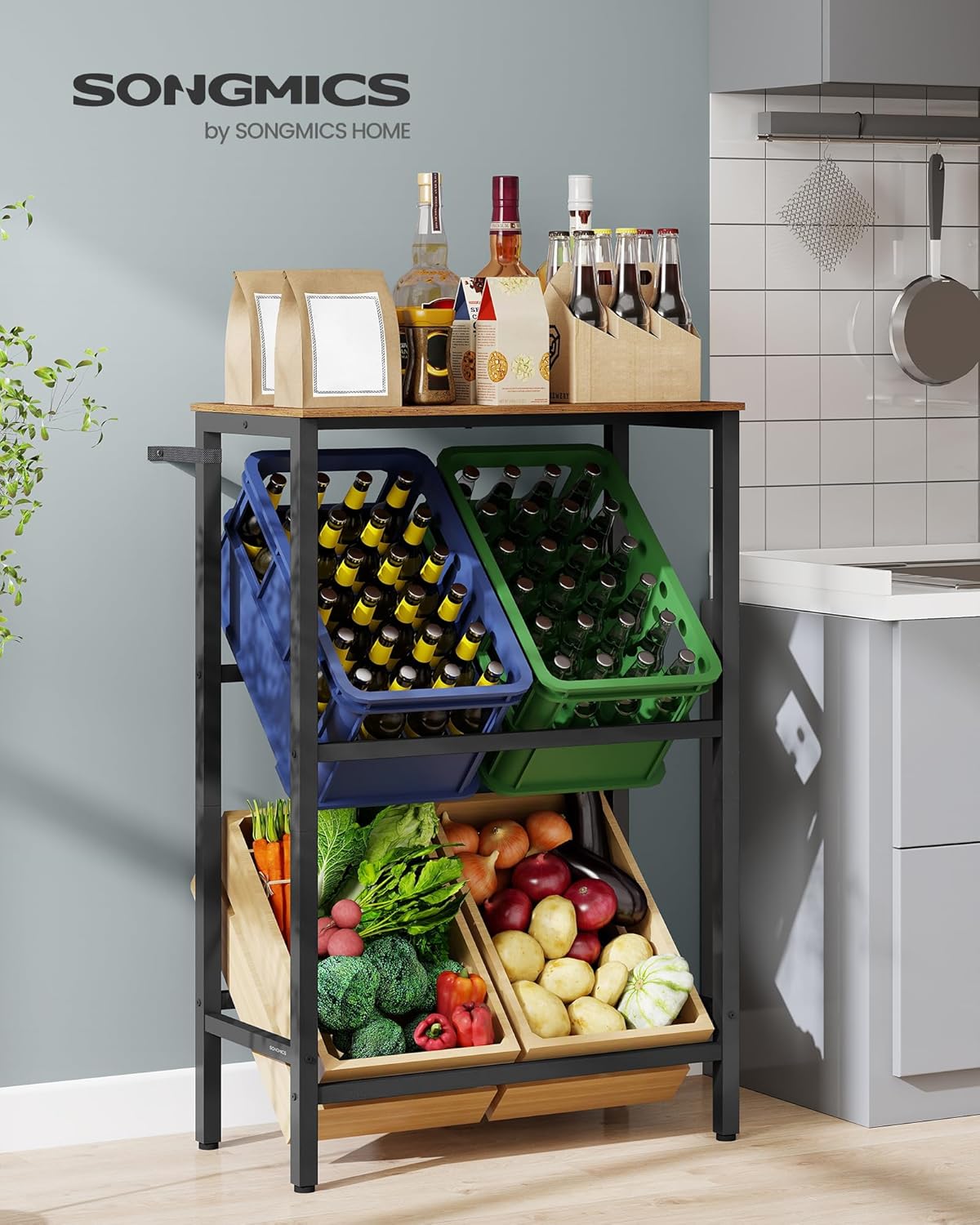 SONGMICS Kovový stojan LIFEWIT pre 4 prepravky s policou, nosnosť 340 kg 70 x 117 x 40 cm hnedá
