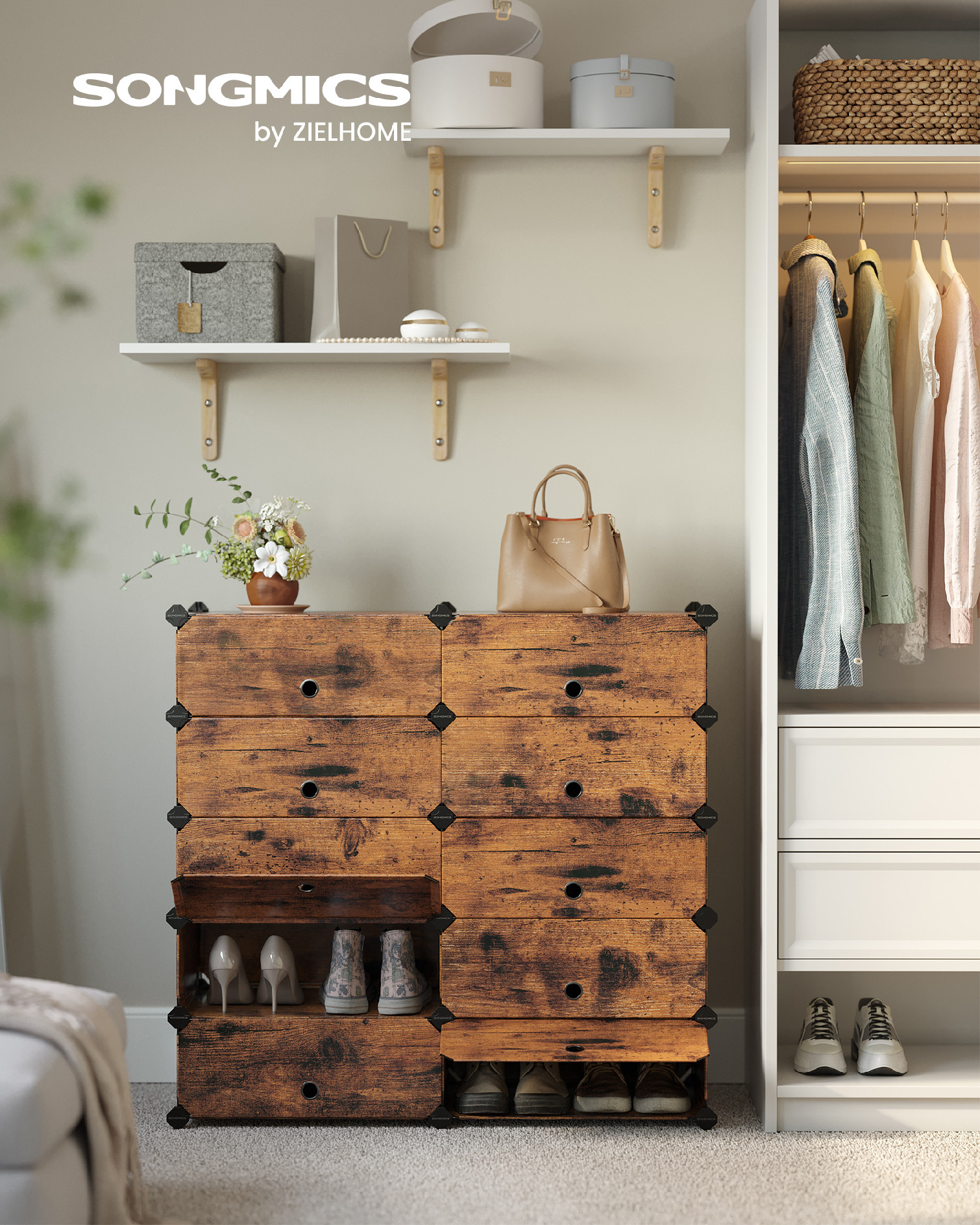 SONGMICS Modulárna botníková skriňa s 10 priehradkami 43 x 173 x 31 cm, hnedá