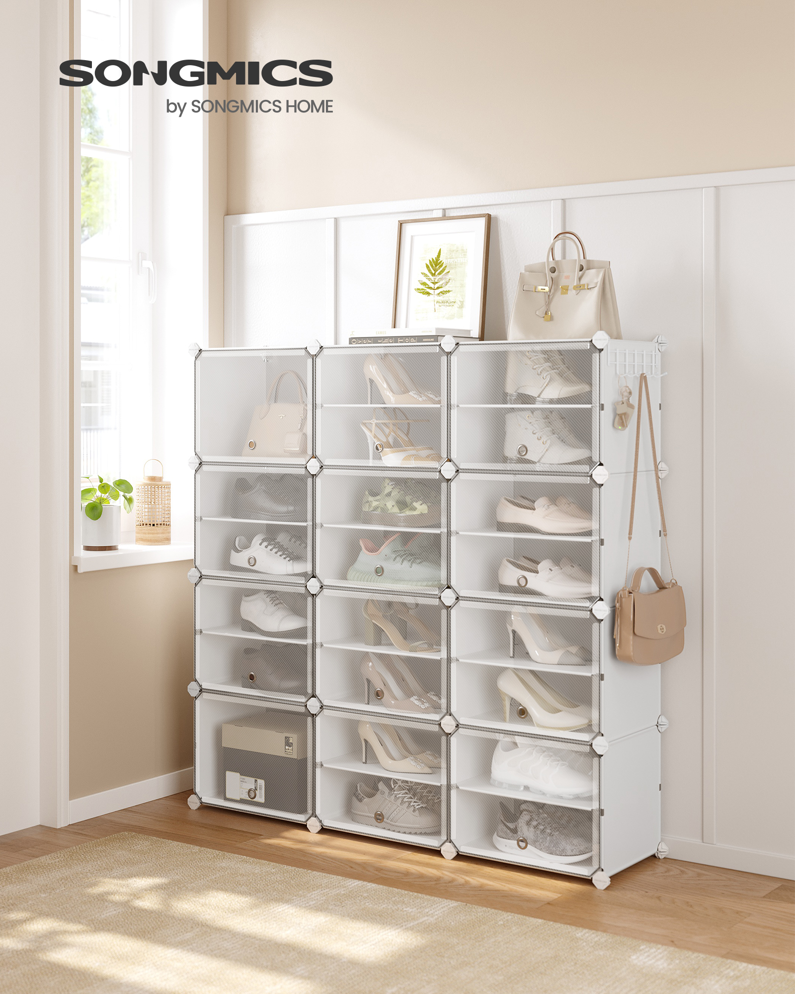 SONGMICS Modulárna botníková skriňa s 12 priehradkami, 125 x 125 x 32 cm, biela