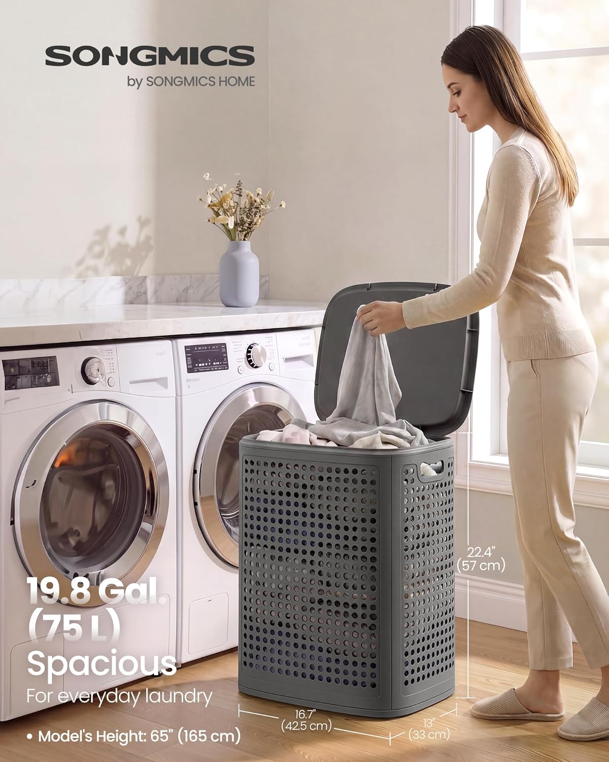 Plastový košík na bielizeň s vekom 75 l, sivý