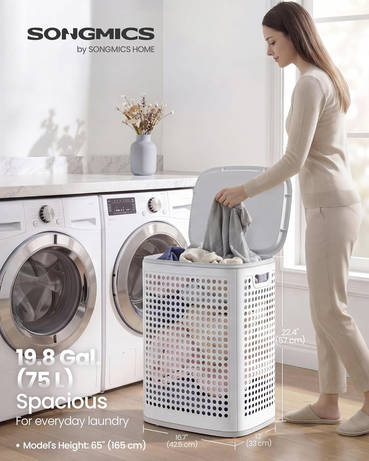 Plastový koš na bielizeň s vekom 75 l, biely