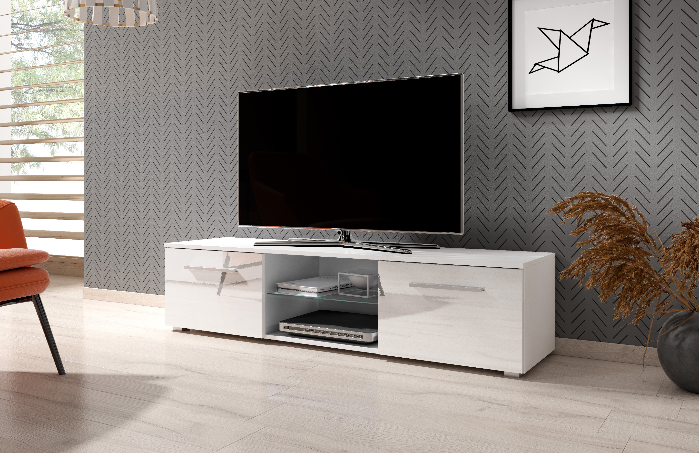 TV stolík MOON 140 2K, biely vysoký lesk