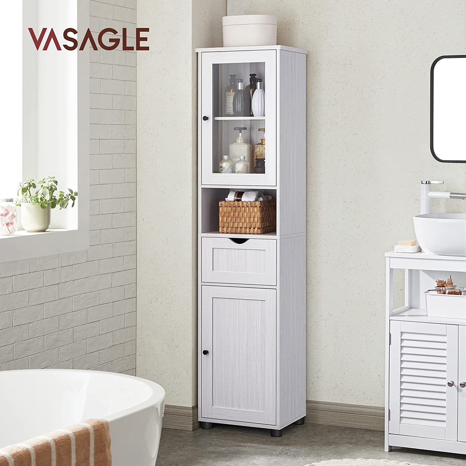 E-shop VASAGLE Skrinka do kúpeľne s vitrínou a zásuvkou 40 × 165 × 30 cm