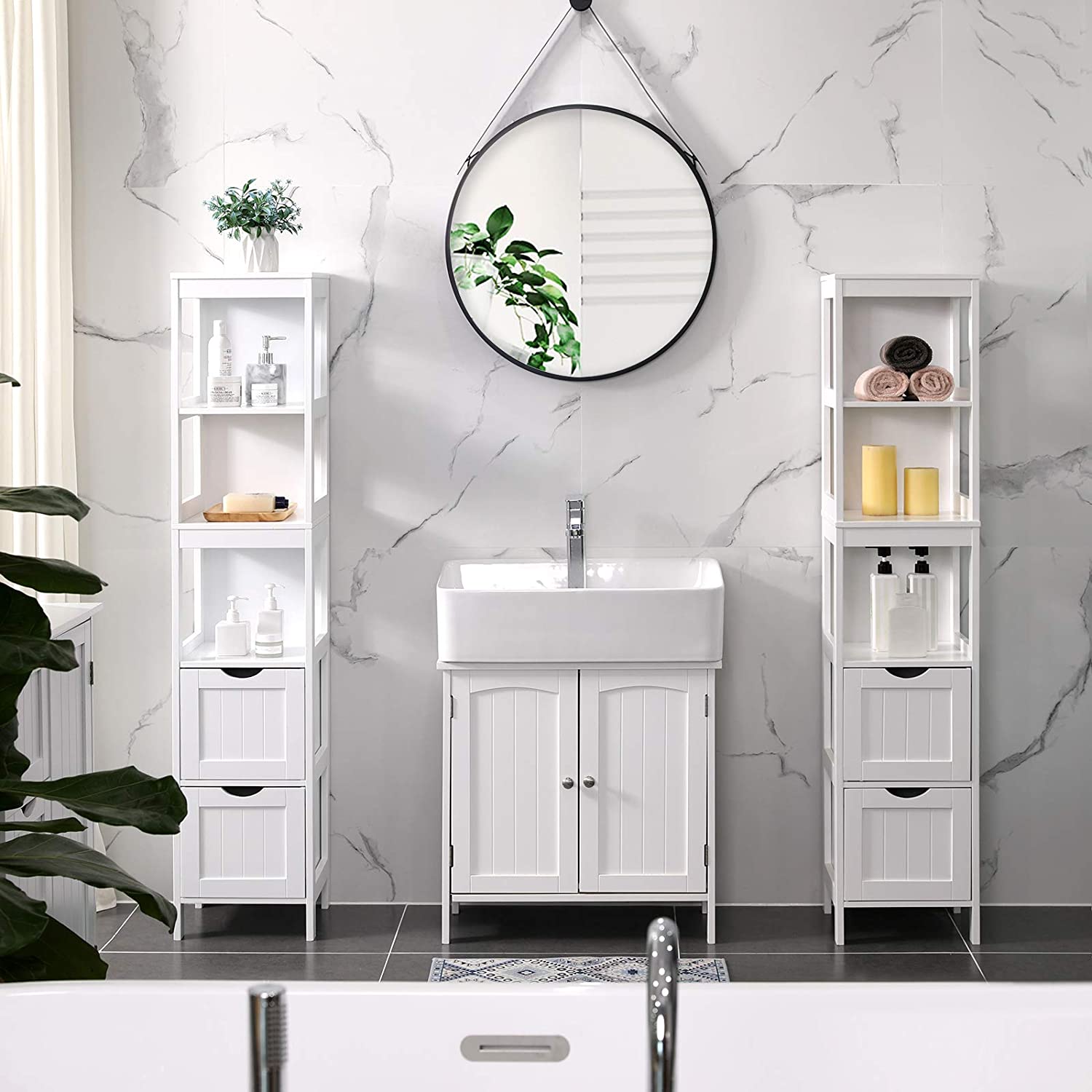 E-shop VASAGLE Vysoká kúpeľňová skrinka policová so zásuvkami biela