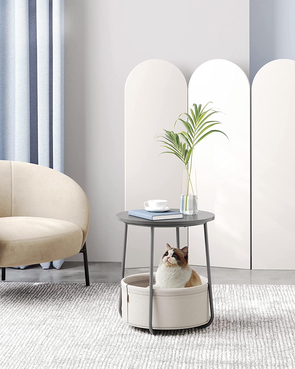 E-shop VASAGLE Okrúhly odkladací stolík s textilným košom sivý