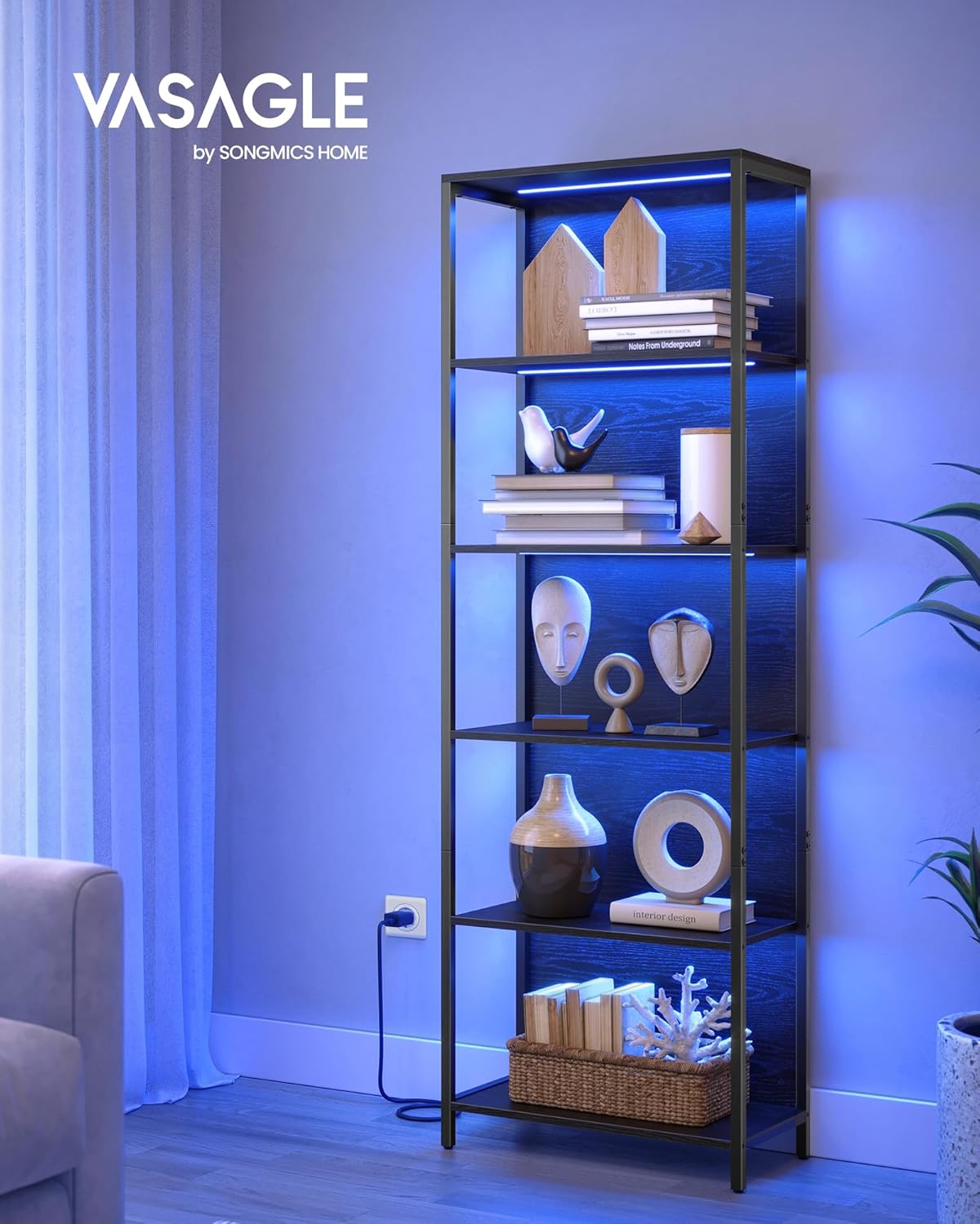 VASAGLE Regál s LED osvetlením políc 60 x 179 x 30 cm čierny