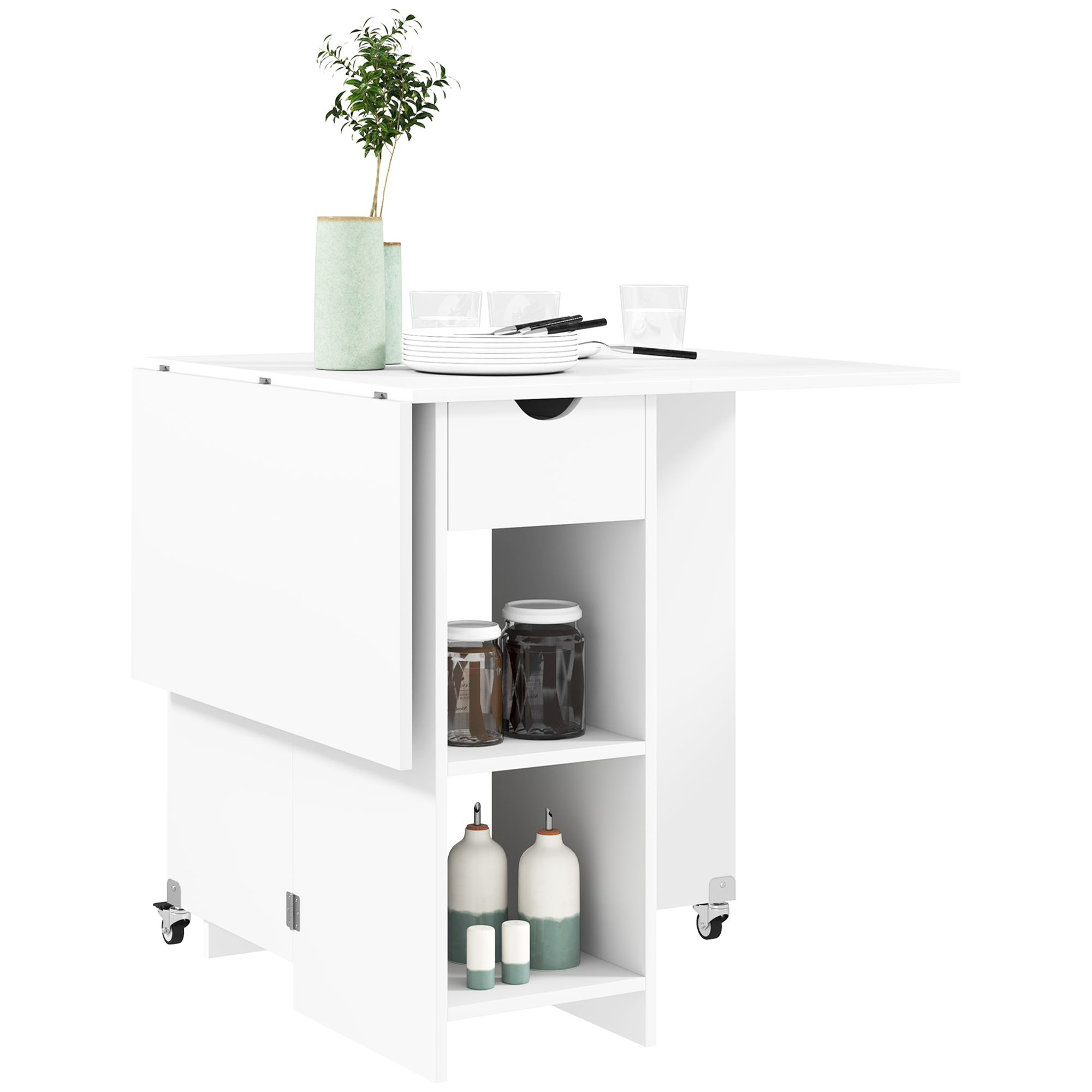 HOMCOM Rozkladací jedálenský stôl pre 2-4 osoby s otvorenými policami biely